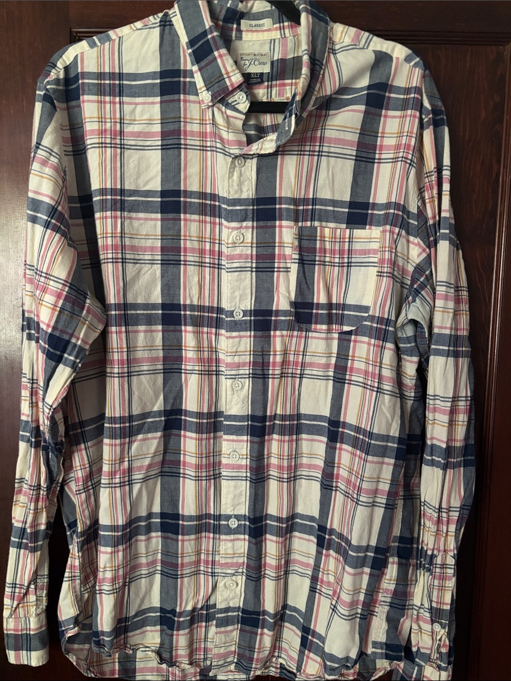 J.Crew Men's White Navy and Pink Plaid Button-Down Casual Shirt